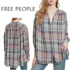 Free People, Come On Over Plaid Flannel Oversized Tunic Top, Red, Black